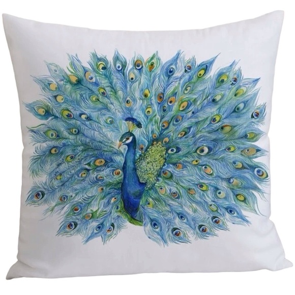 Pillow Cover Peacock Print Zipper Closure Decorative Large Square 17.7 in - Picture 1 of 14